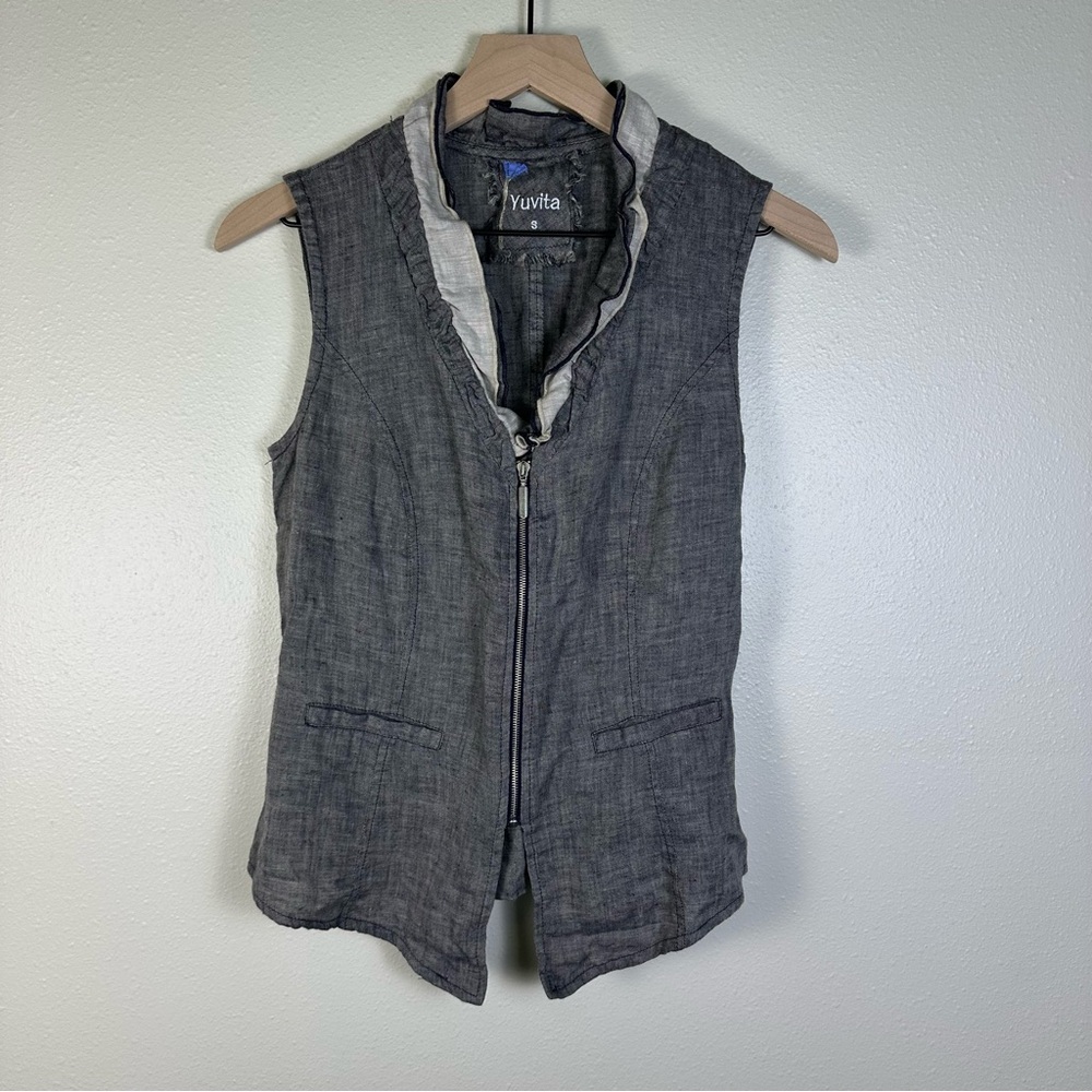 YUVITA 100% Linen Ruffle Whimsigoth‎ Gray Sleeveless Zip-Up Tie Back Vest Top